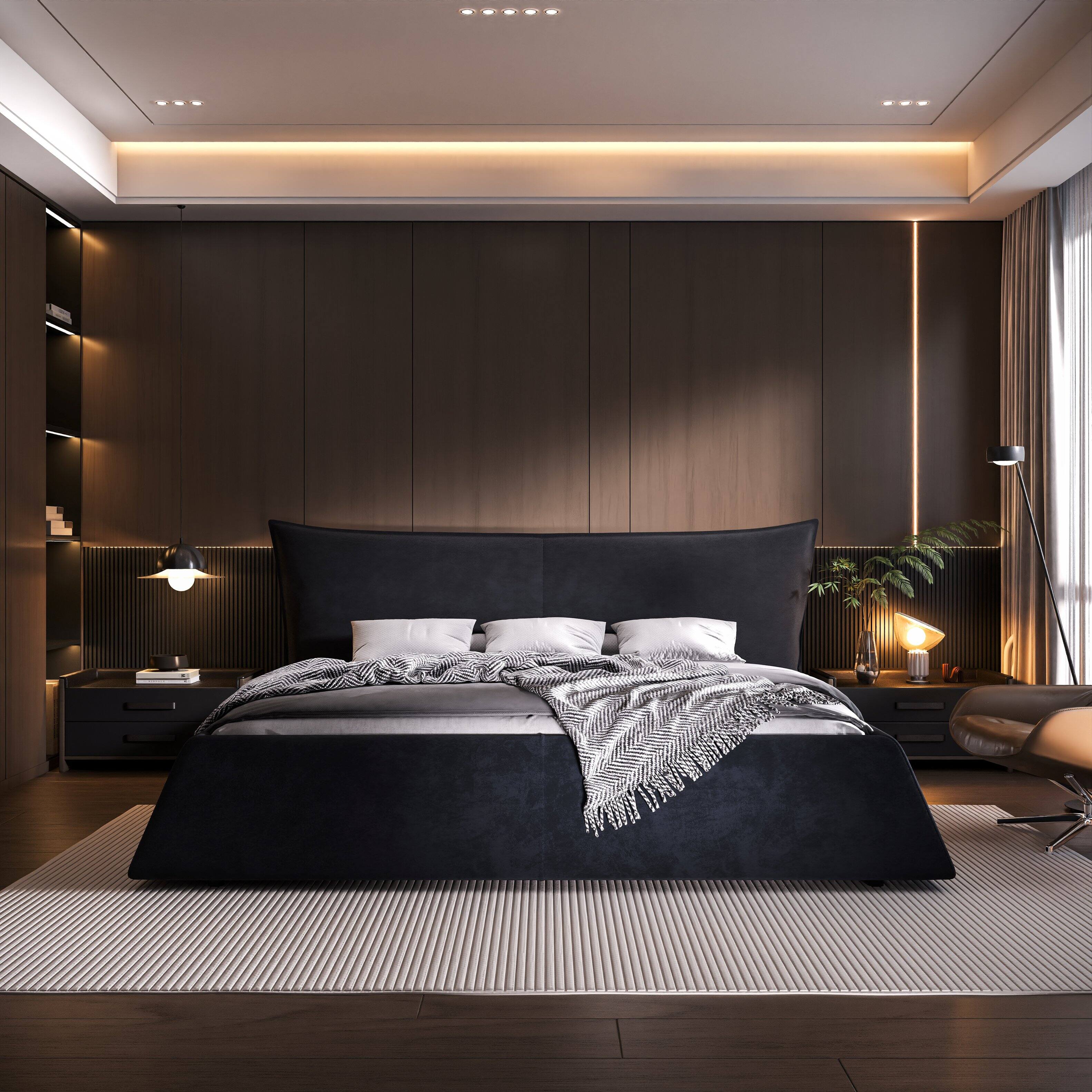 Left. Tiramisubest - King Size Upholstered Platform Bed, Special Shaped Velvet Headboard, Metal & Wood Frame, Black, 97x93x42 inches, 214 lbs - Black.