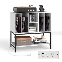 Gymax - Record Player Stand w/Charging Station Vinyl Storage Holder Shelves Metal Frame - White