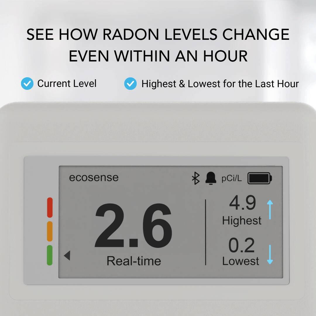 Sure, here is the corrected and grouped text from the image:

---

**SEE HOW RADON LEVELS CHANGE EVEN WITHIN AN HOUR**

- Current Level
- Highest & Lowest for the Last Hour

---

**ecosense**

- **2.6** Real-time pCi/L
- **4.9** Highest
- **0.2** Lowest

---