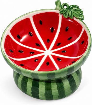 Front. PawsPik - PawsPik Watermelon Elevated Angled Ceramic Cat Bowl, Red, 8-oz - Red.