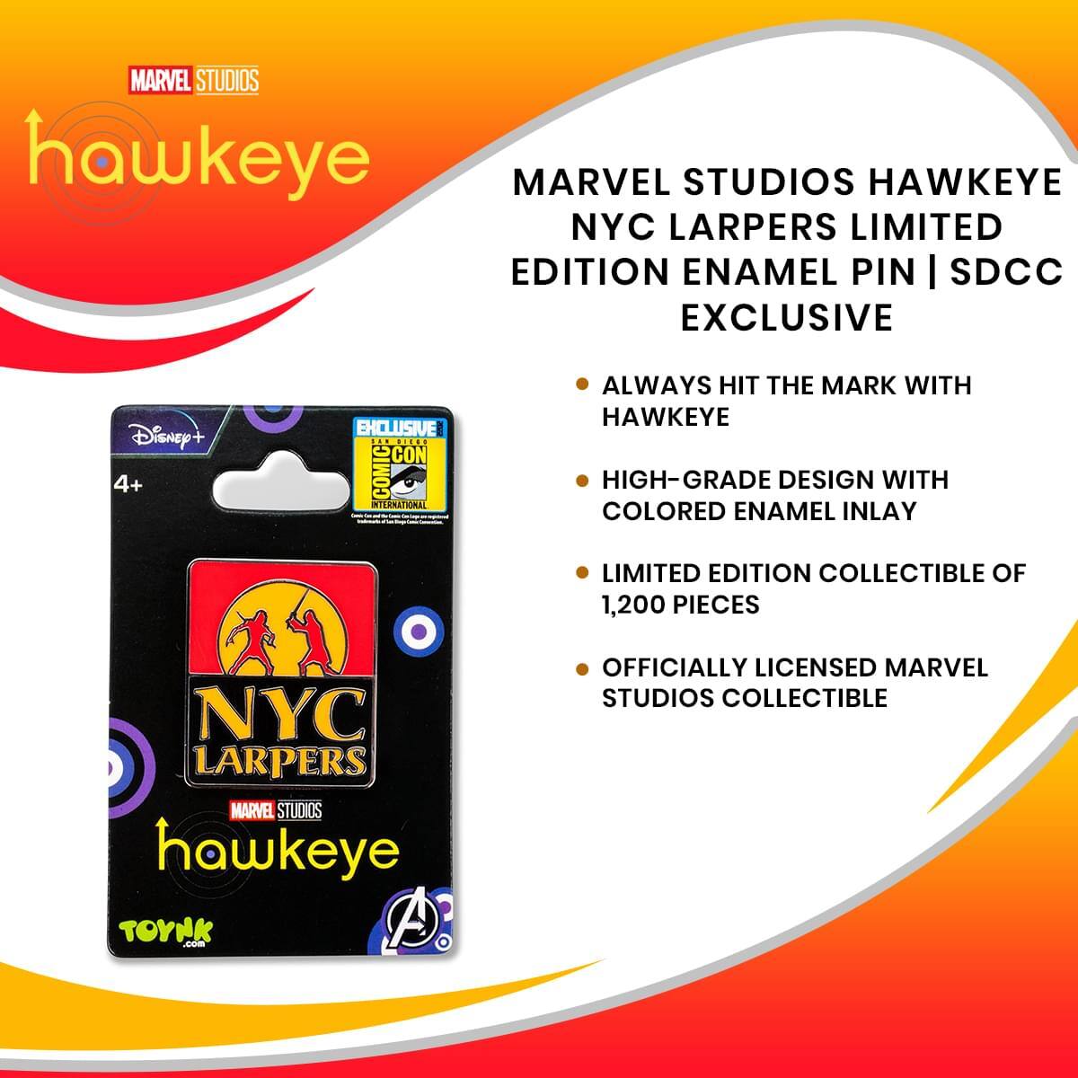 MARVEL STUDIOS hawkeye MARVEL STUDIOS HAWKEYE NYC LARPERS LIMITED EDITION ENAMEL PIN | SDCC EXCLUSIVE Disney+ 4+ EXCLUSIVE P.E CON COMIC INTERNATIONAL ALWAYS HIT THE MARK WITH HAWKEYE HIGH-GRADE DESIGN WITH COLORED ENAMEL INLAY LIMITED EDITION COLLECTIBLE OF 1,200 PIECES NYC LARPERS MARVEL STUDIOS hawkeye TOYNK J0m A . OFFICIALLY LICENSED MARVEL STUDIOS COLLECTIBLE