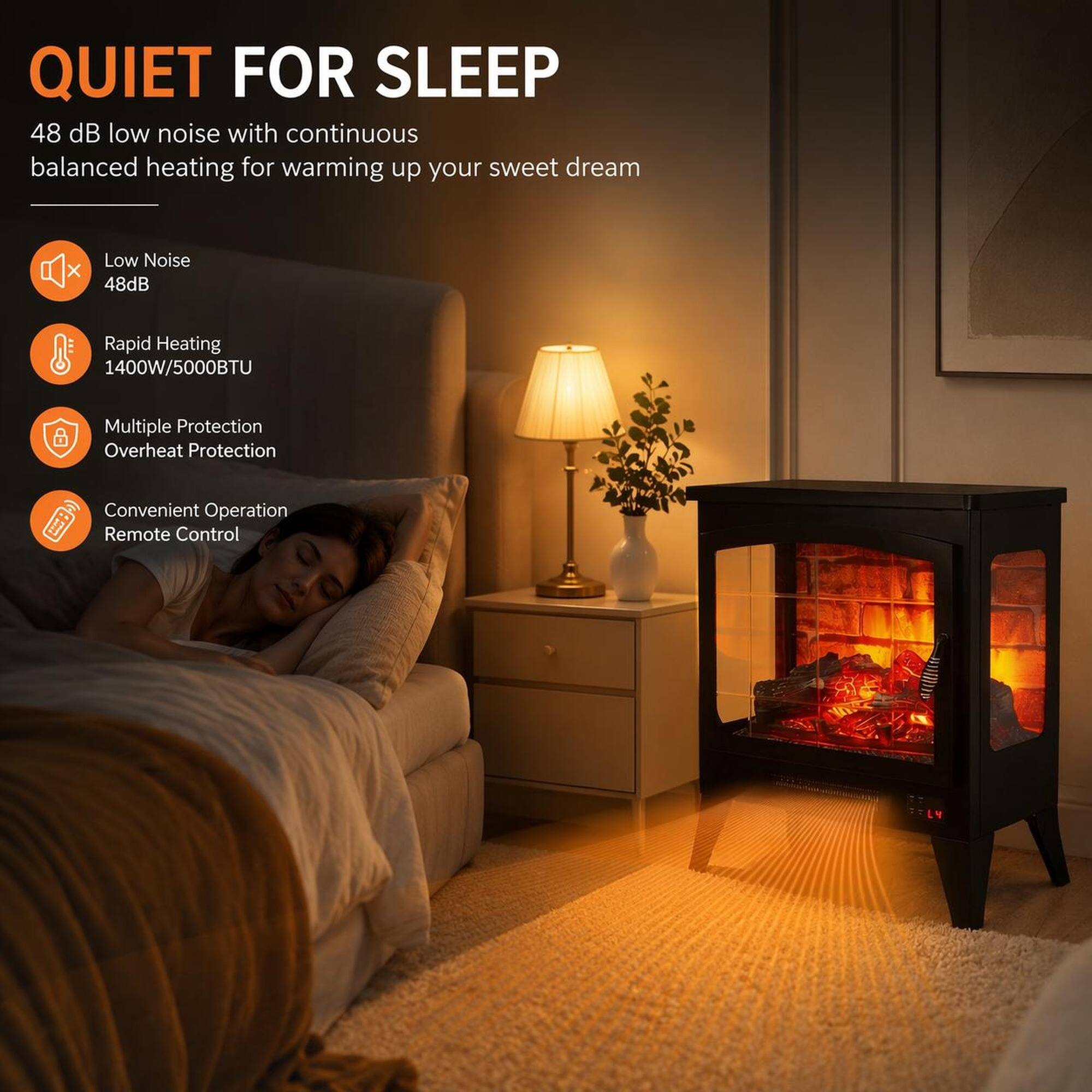 QUIET FOR SLEEP  
48 dB low noise with continuous balanced heating for warming up your sweet dream  
- Low Noise 48dB  
- Rapid Heating 1400W/5000BTU  
- Multiple Protection Overheat Protection  
- Convenient Operation Remote Control