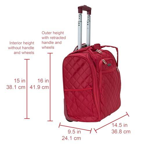 Outer height with retracted handle and wheels: 16 in (41.9 cm)  
Interior height without handle and wheels: 15 in (38.1 cm)  
Width: 9.5 in (24.1 cm)  
Depth: 14.5 in (36.8 cm)