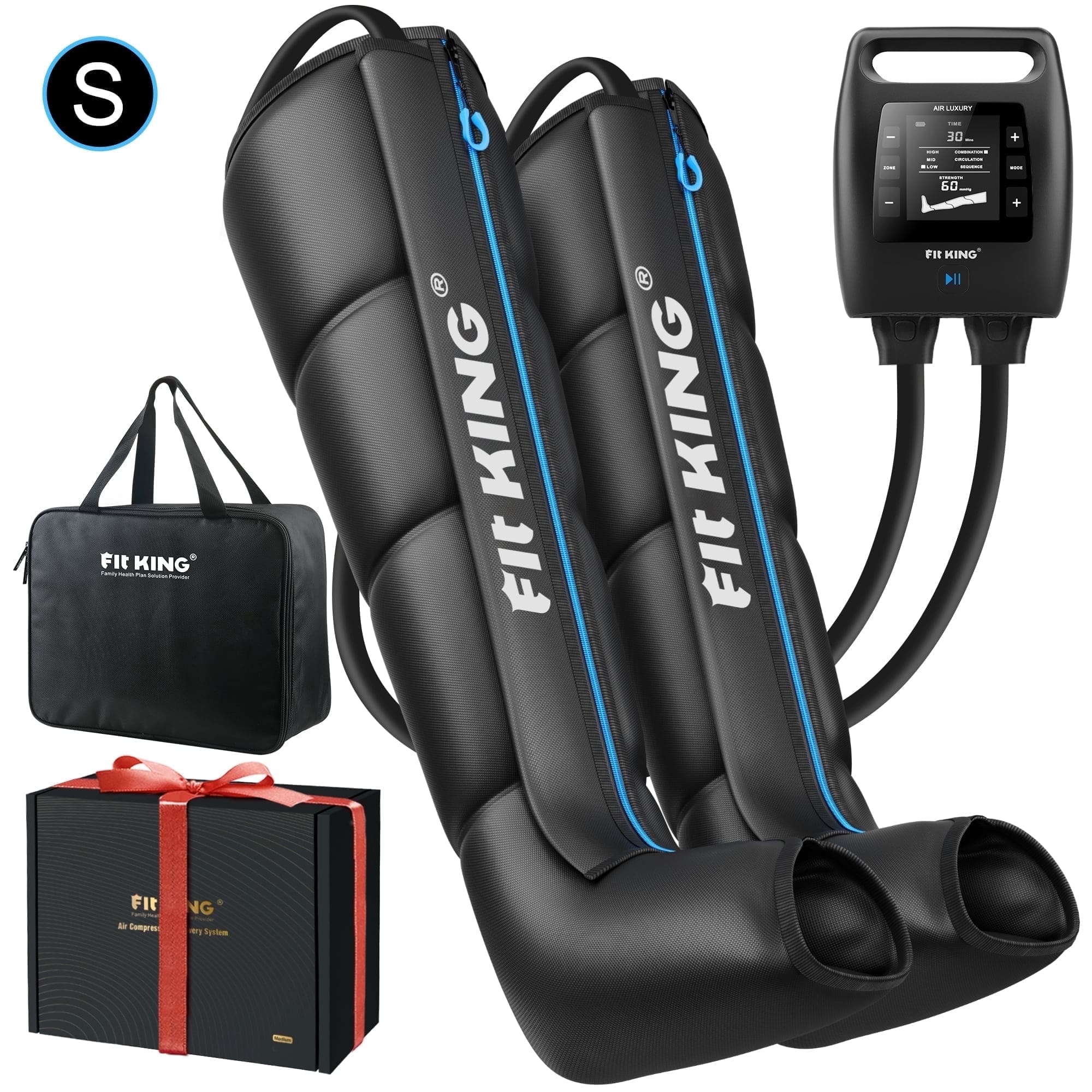 FIT KING - Rechargeable Air Compression Recovery Boots, Full Leg Massager for Circulation & Recovery (Small) - Black and blue