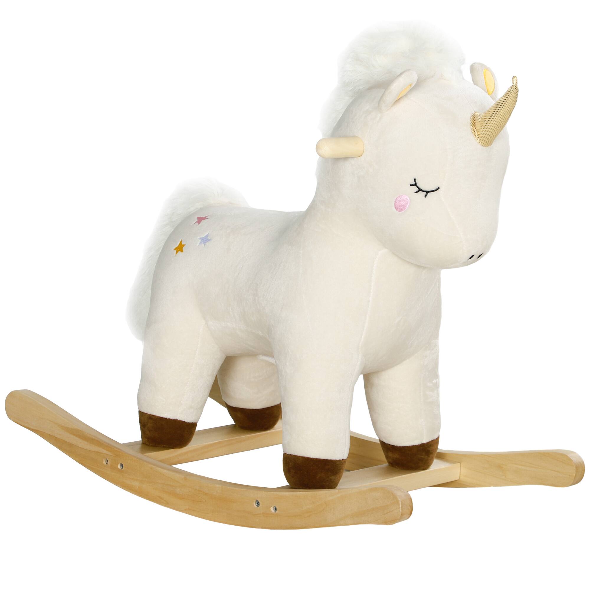 Front. Glintex - Plush Unicorn Rocking Horse for Kids with Sounds, Soft Seat, and Stable Base - White.