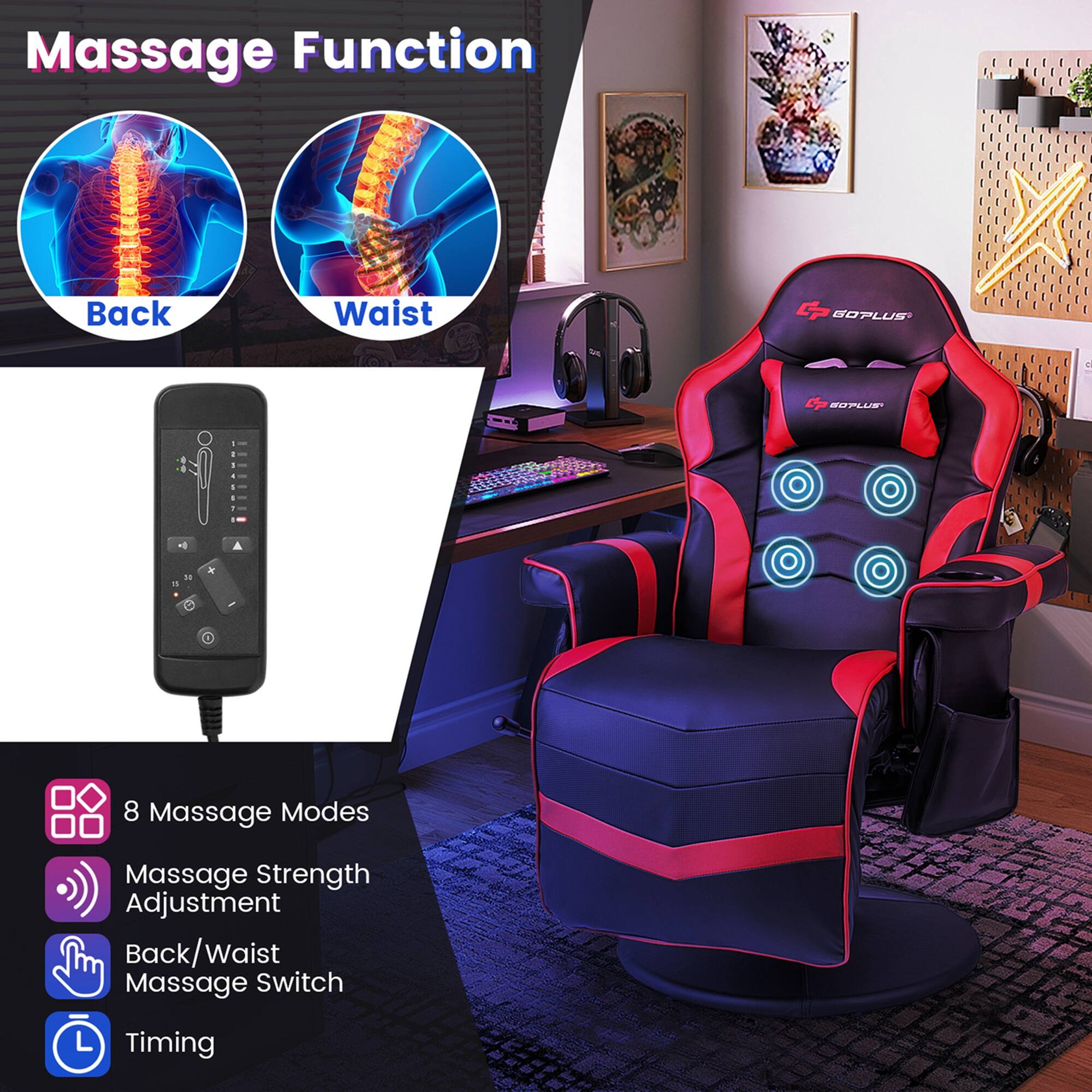 The text on the image is grouped and corrected as follows:

1. Massage Function: This chair has a massage function with different modes and strength adjustments.
2. Back/Waist: The massage function can be used on the back and waist, providing a comfortable and relaxing experience.
3. 8 Massage Modes: The chair offers 8 different massage modes to choose from, catering to various preferences and needs.
4. Massage Strength Adjustment: The massage strength can be adjusted to suit individual preferences, ensuring a customizable and enjoyable experience.
5. Back/Waist Massage Switch: The massage function can be switched between the back and waist, allowing for versatile use.
6. L Timing: The massage function has a built-in timer, allowing users to set a specific duration for their massage session.