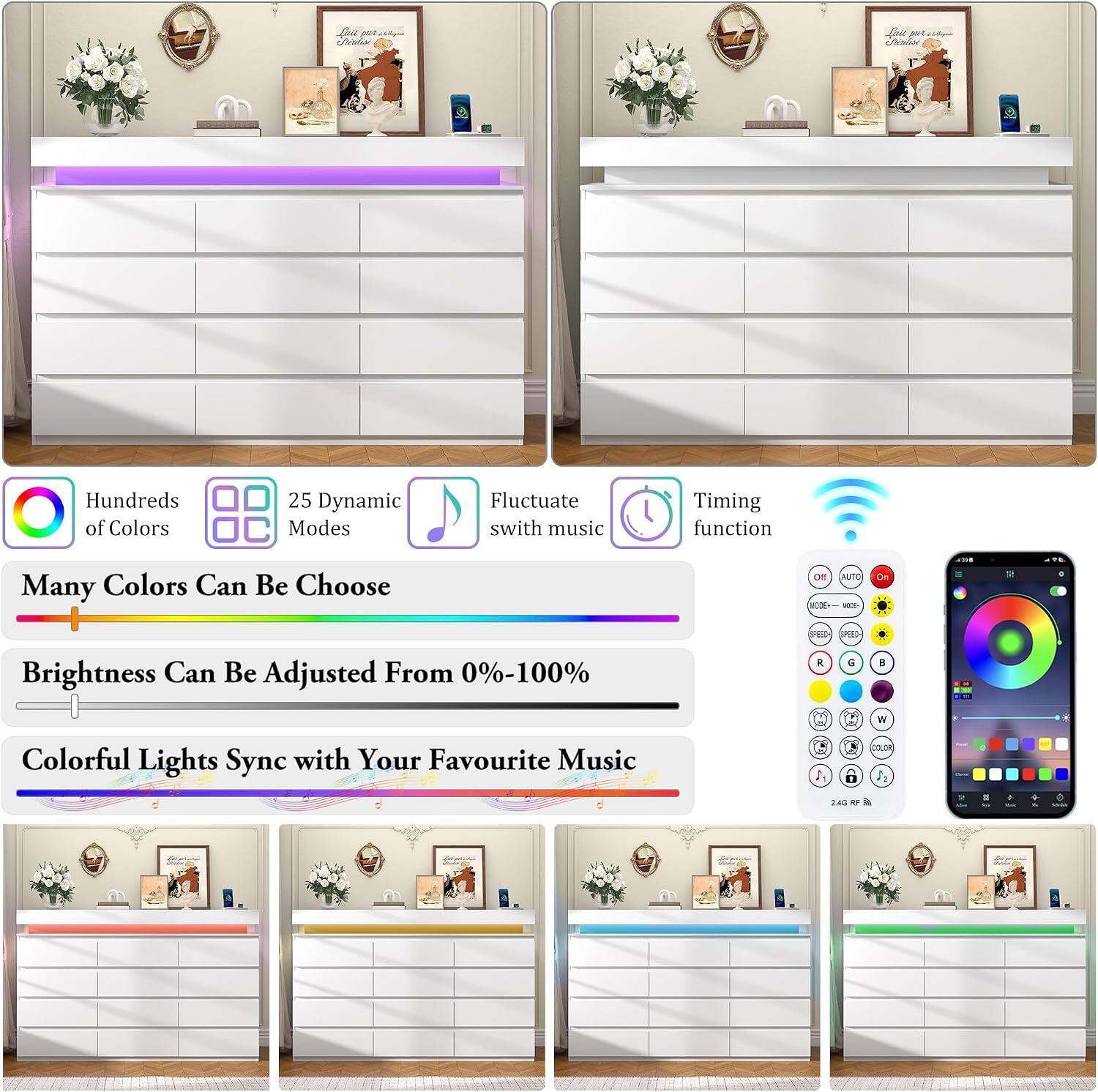 Lue Vaniar Du an Cner Hundreds of Colors 25 Dynamic Modes Fluctuate with music Timing function Many Colors Can Be Choose OF AUTO MOP - OF 1 PEO SPD Brightness Can Be Adjusted From 0%-100% R a B W Colorful Lights Sync with Your Favourite Music
