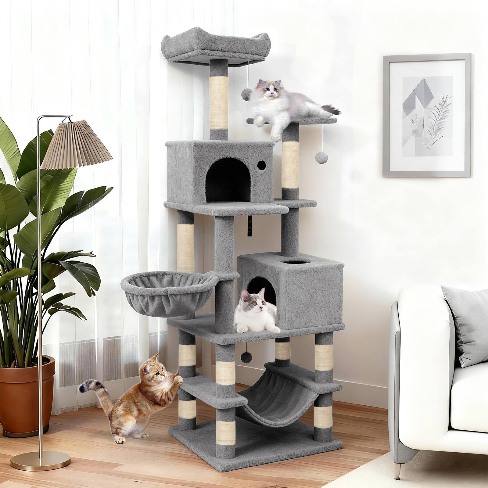 Alt View 1. Gymax - Gymax 66'' Tall Cat Tree w/2 Condos Sisal Scratching Posts Plush Perch Hammock Basket Light Gray.