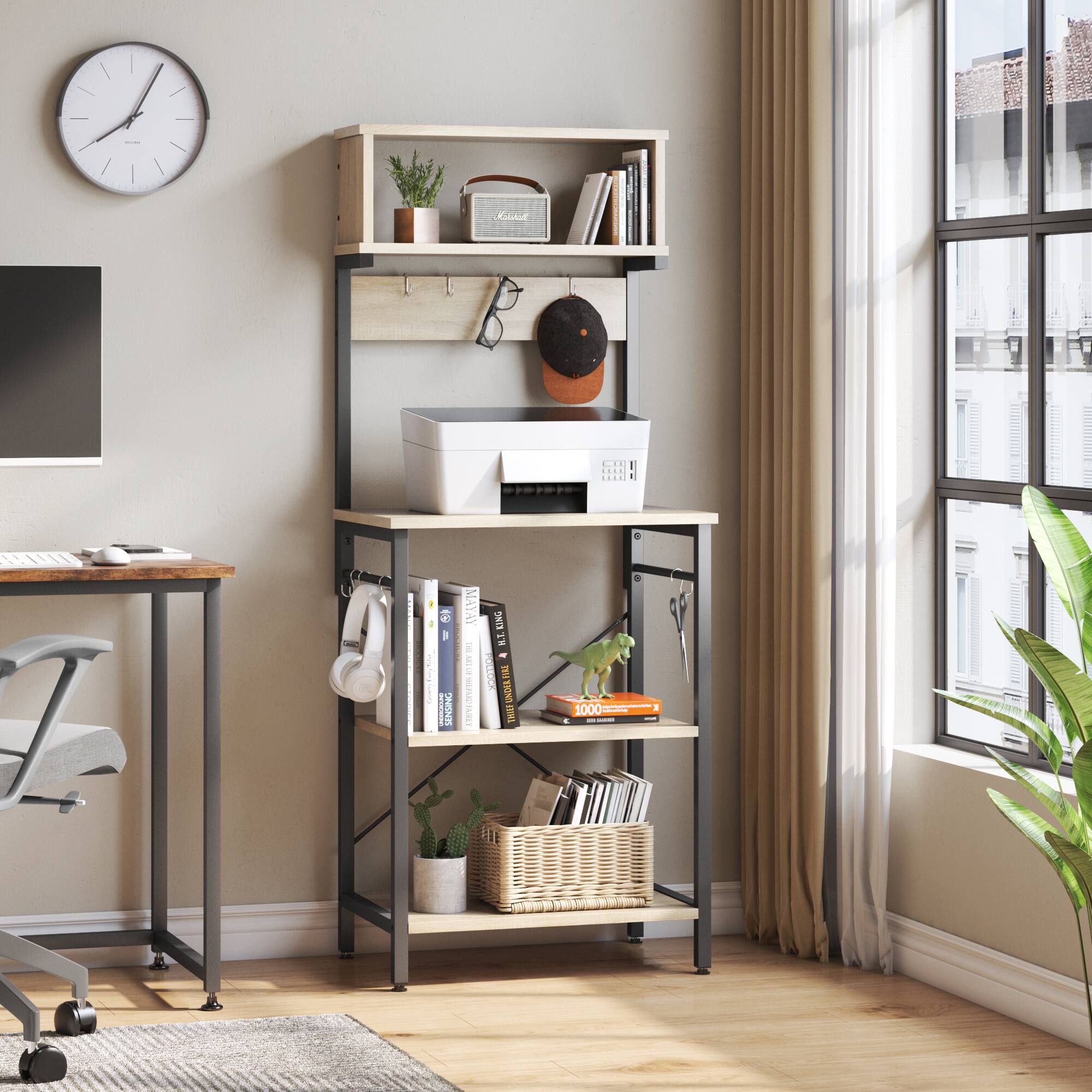 The image shows a room with a desk, a shelf, and a window. The desk has a computer monitor, keyboard, and mouse on it. The shelf is filled with books and a potted plant. There is also a clock on the wall. The room appears to be a home office or workspace.