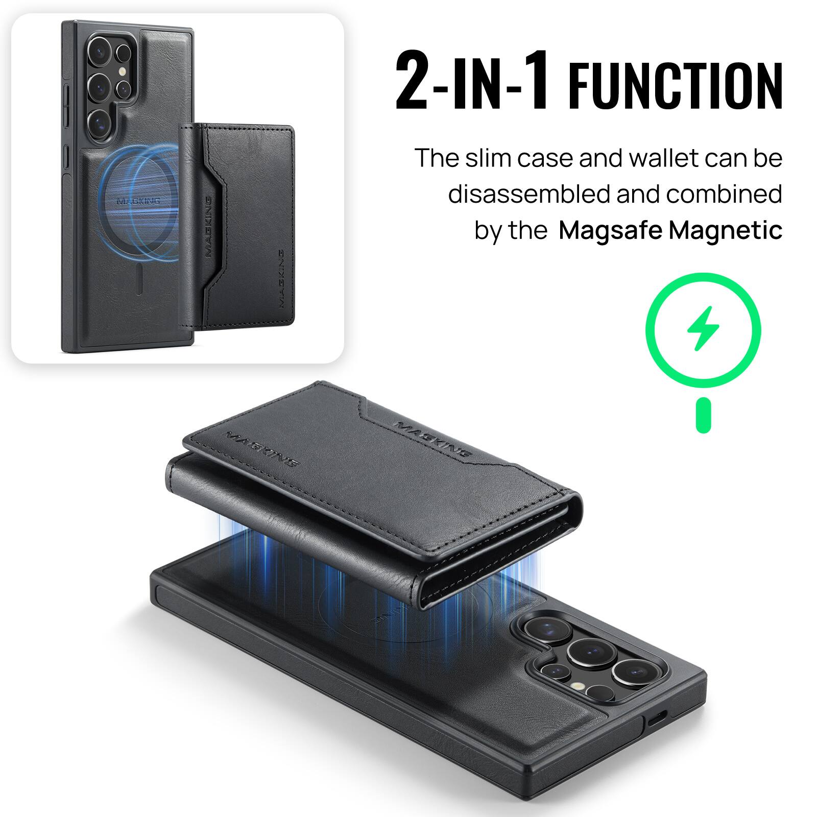 2-IN-1 FUNCTION  
The slim case and wallet can be disassembled and combined by the Magsafe Magnetic