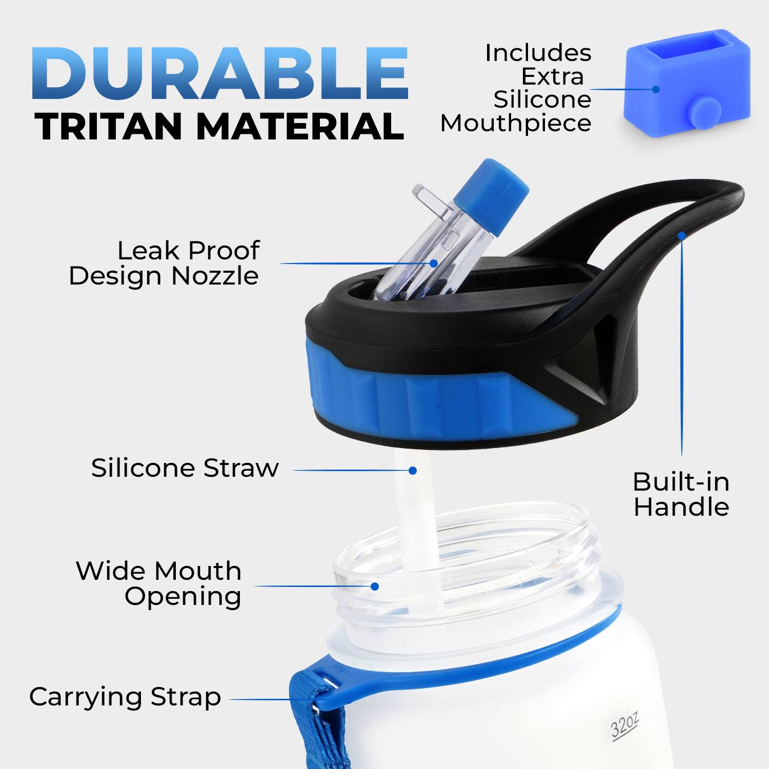 Includes DURABLE Silicone Extra TRITAN MATERIAL Mouthpiece Leak Proof Design Nozzle Silicone Straw Built-in Handle Wide Mouth Opening Carrying Strap 32oz
