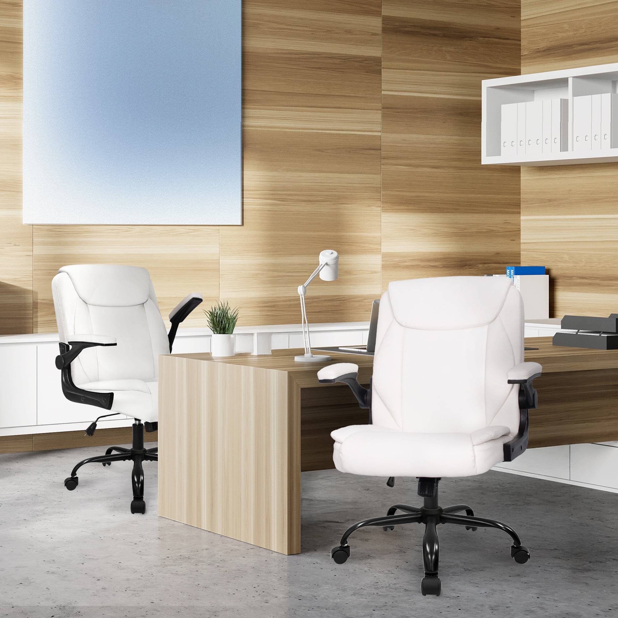Alt View 6. Neo Chair - Leather Office Chair, Ergonomic Mid-Back Computer Chair with Flip-Up Armrests, Padded Cushion & Swivel Wheels - 1. White.