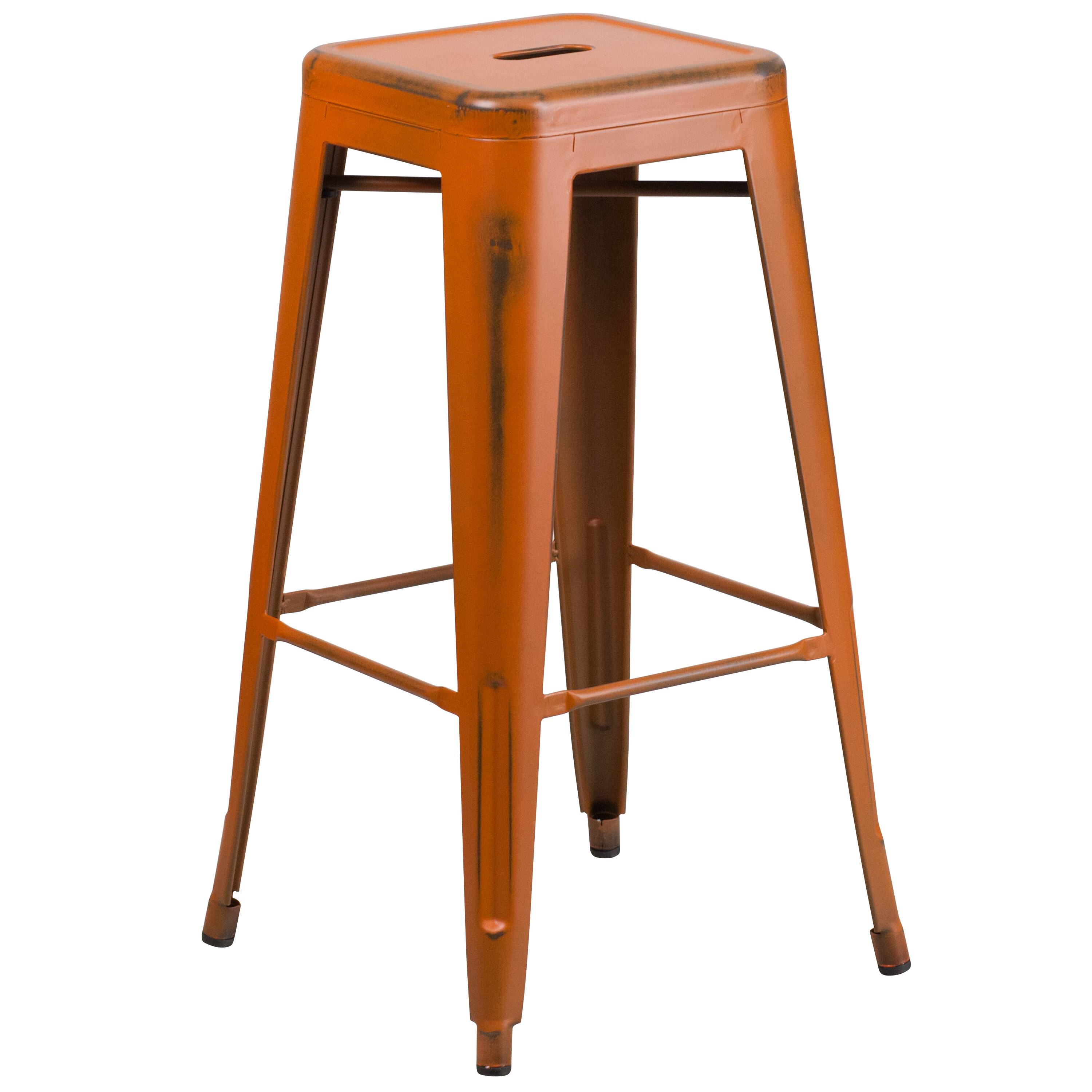Front. Emma + Oliver - Commercial Grade 30"H Backless Distressed Colorful Metal Indoor-Outdoor Barstool - Orange.