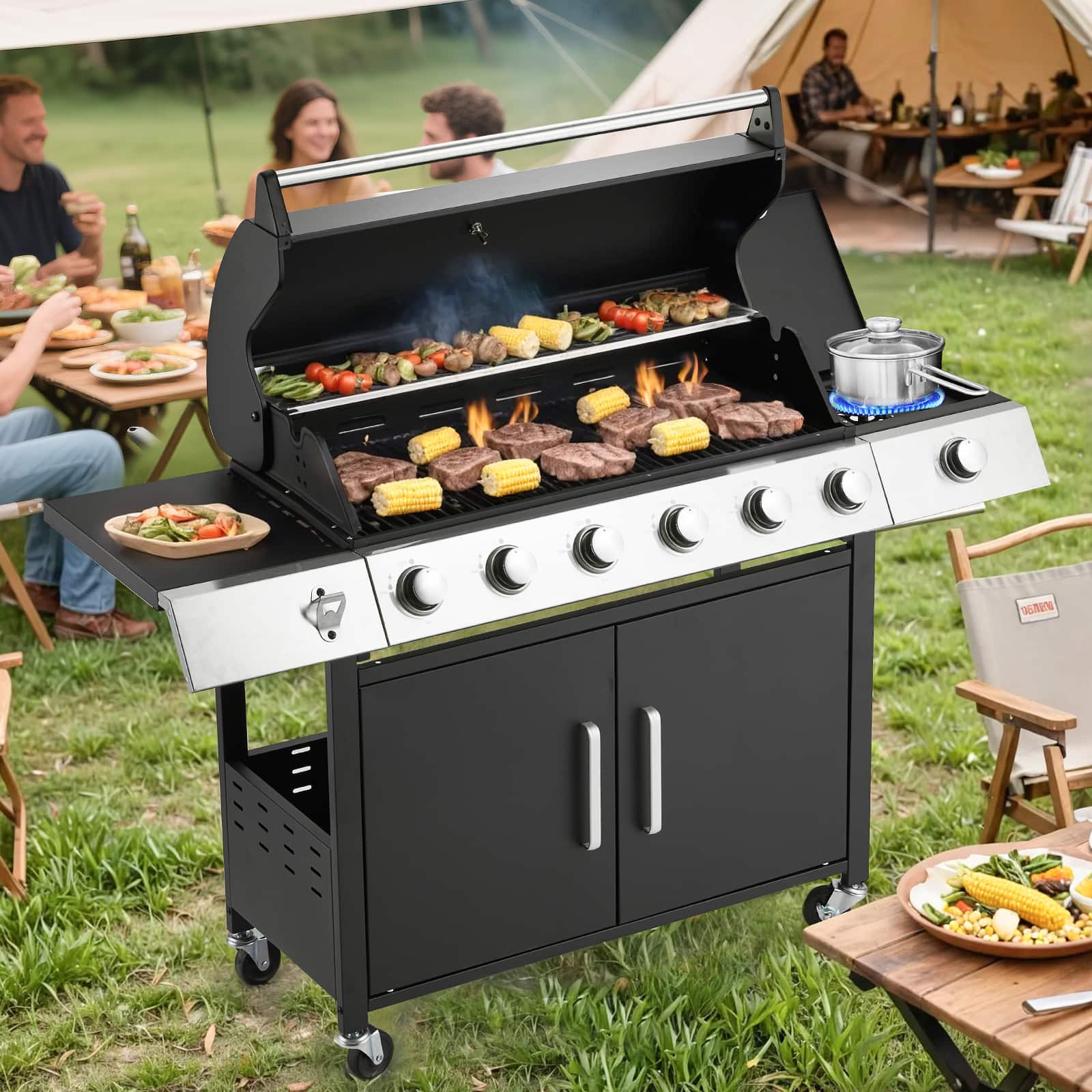 U-HOMY - GrillMaster Outdoor Propane Gas Grill with Side Burner, Cast Iron Grates, Storage Cabinet, Easy Clean - 6-Burner