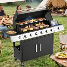 Front. U-HOMY - GrillMaster Outdoor Propane Gas Grill with Side Burner, Cast Iron Grates, Storage Cabinet, Easy Clean - 6-Burner.