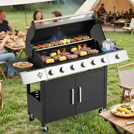 U-HOMY - GrillMaster Outdoor Propane Gas Grill with Side Burner, Cast Iron Grates, Storage Cabinet, Easy Clean - 6-Burner