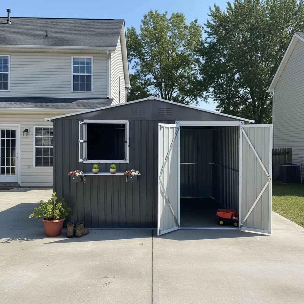 Alt View 1. Anysun - 10x8 FT Outdoor Metal Storage Shed with Window & Flower Rack – Lockable Double Doors Tool Shed, Waterproof Weatherproof - Coal Gray.