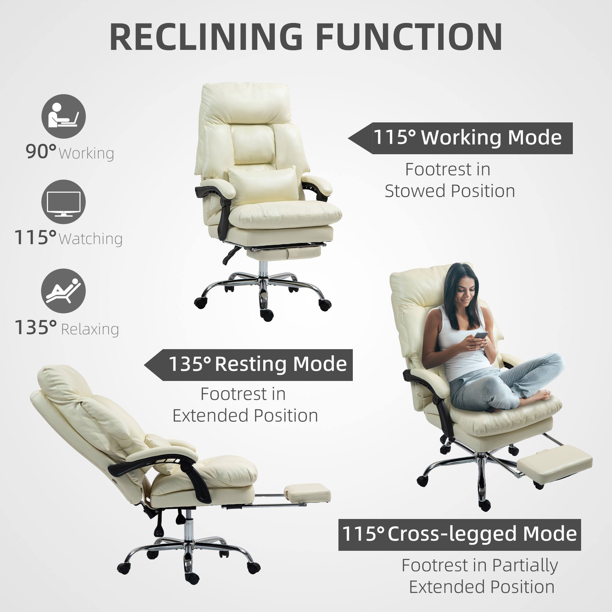 RECLINING FUNCTION
90° Working
115° Working Mode
Footrest in Stowed Position
115° Watching
135° Relaxing
135° Resting Mode
Footrest in Extended Position
115° Cross-legged Mode
Footrest in Partially Extended Position