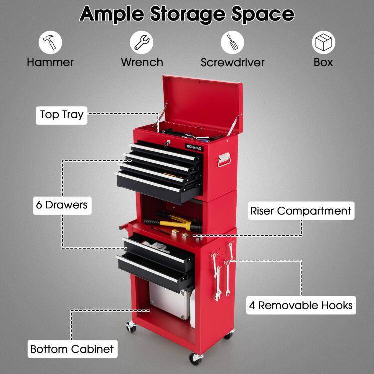 Ample Storage Space Hammer Wrench Screwdriver Box Top Tray MONMAX 6 Drawers Riser Compartment 4 Removable Hooks Bottom Cabinet