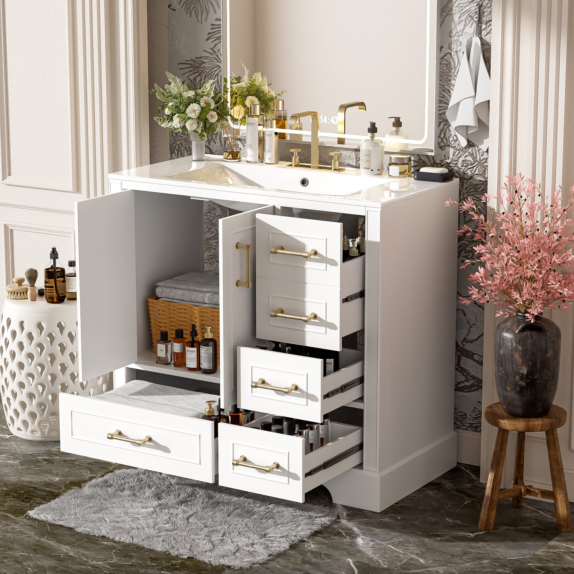 Tiramisubest - 36" Traditional Bathroom Vanity with Ceramics Sink , Bathroom Cabinet with Two Soft Close Doors and Four Drawers - White