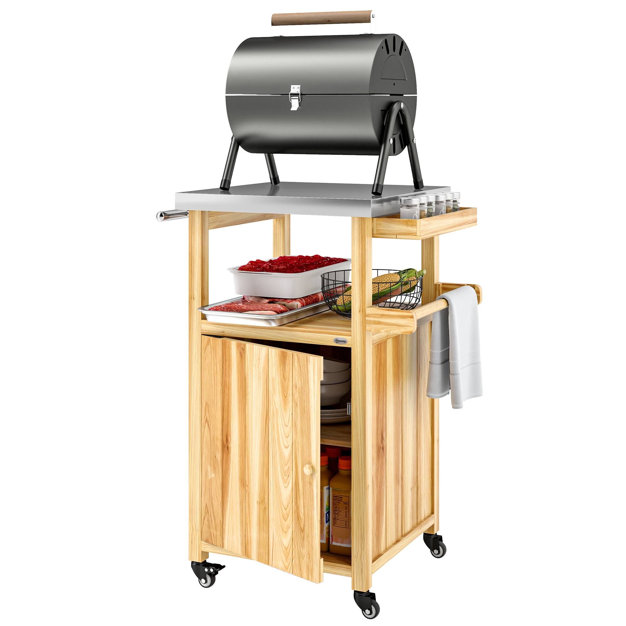 Front. Outsunny - Outdoor Grill Cart with Wheels, Stainless Steel Top, Solid Wood Outdoor Kitchen Island with Storage Cabinet - Natural Wood.