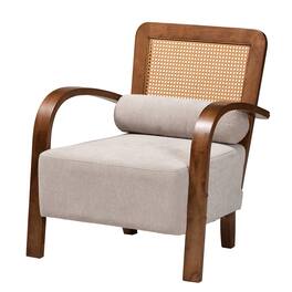 Baxton Studio - Sage Modern Japandi Fabric and Walnut Finished Wood Arm Chair with Woven Rattan - Light Grey/Walnut Brown/Natural Brown