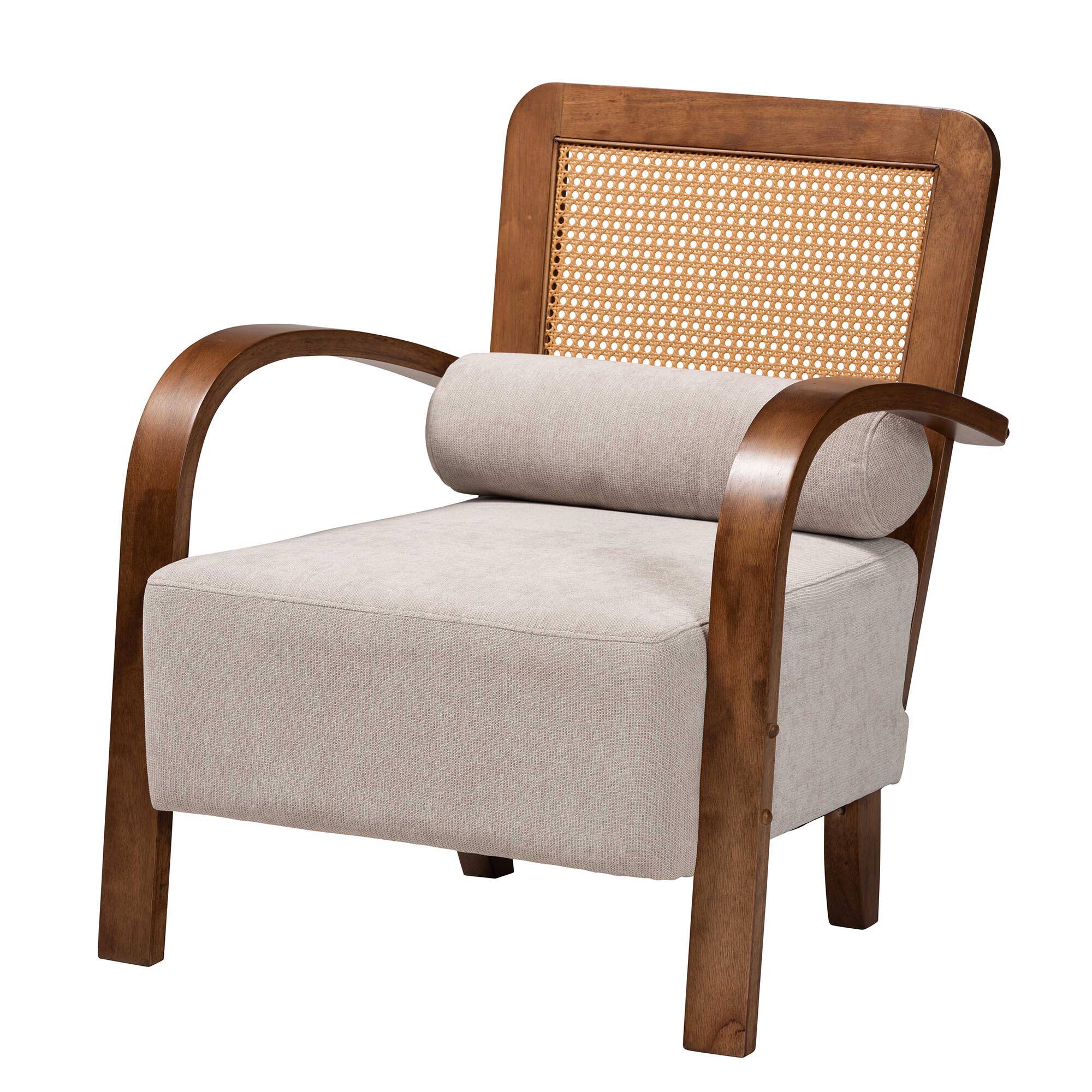 Front. Baxton Studio - Sage Modern Japandi Fabric and Walnut Finished Wood Arm Chair with Woven Rattan - Light Grey/Walnut Brown/Natural Brown.