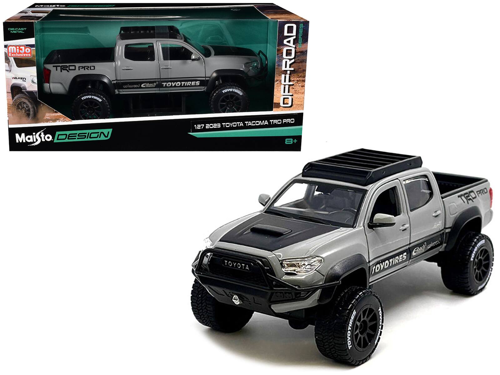 Maisto DESIGN  
1:27 2023 TOYOTA TACOMA TRD PRO  
OFF-ROAD SERIES  
Maisto Exclusives  
TRO PRO  
TOYOTIRES  
1:27 2023 TOYOTA TACOMA TRD PRO  
8+