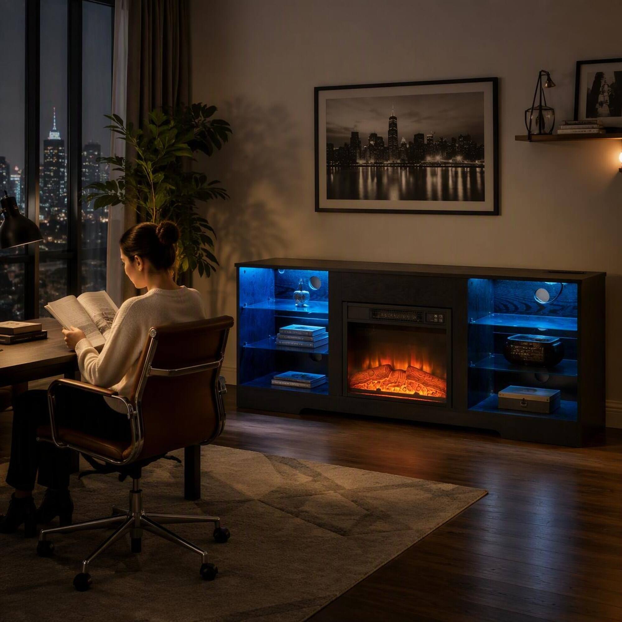 Left. RYHNUYNE - Modern 58-Inch TV Stand with 18-Inch Electric Fireplace, 7-Color LED Ambience, Glass Shelves, USB & AC Outlets - Black.