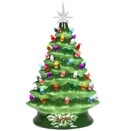 Front. Sugift - 15" Ceramic Christmas Tree Pre-lit Hand-Painted Tabletop Holiday Tree W/Power Cord - Green.