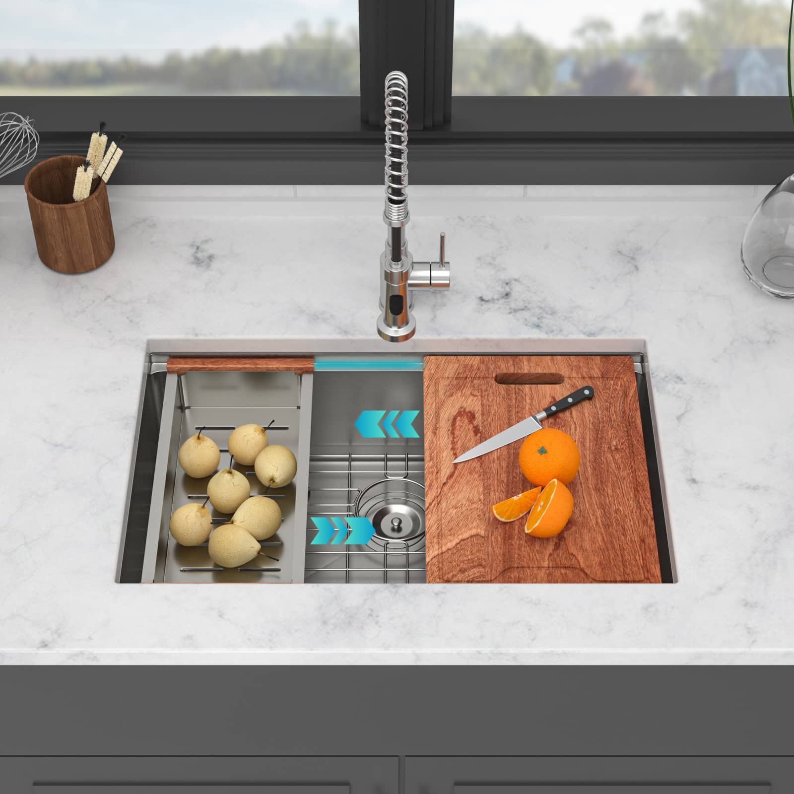 APRILSOUL - 30 in Undermount Kitchen Sink 30 x 19 x 9 in Single Bowl 16 Gauge Stainless Steel Ledge Workstation Kitchen Sinks - Brushed Nickel