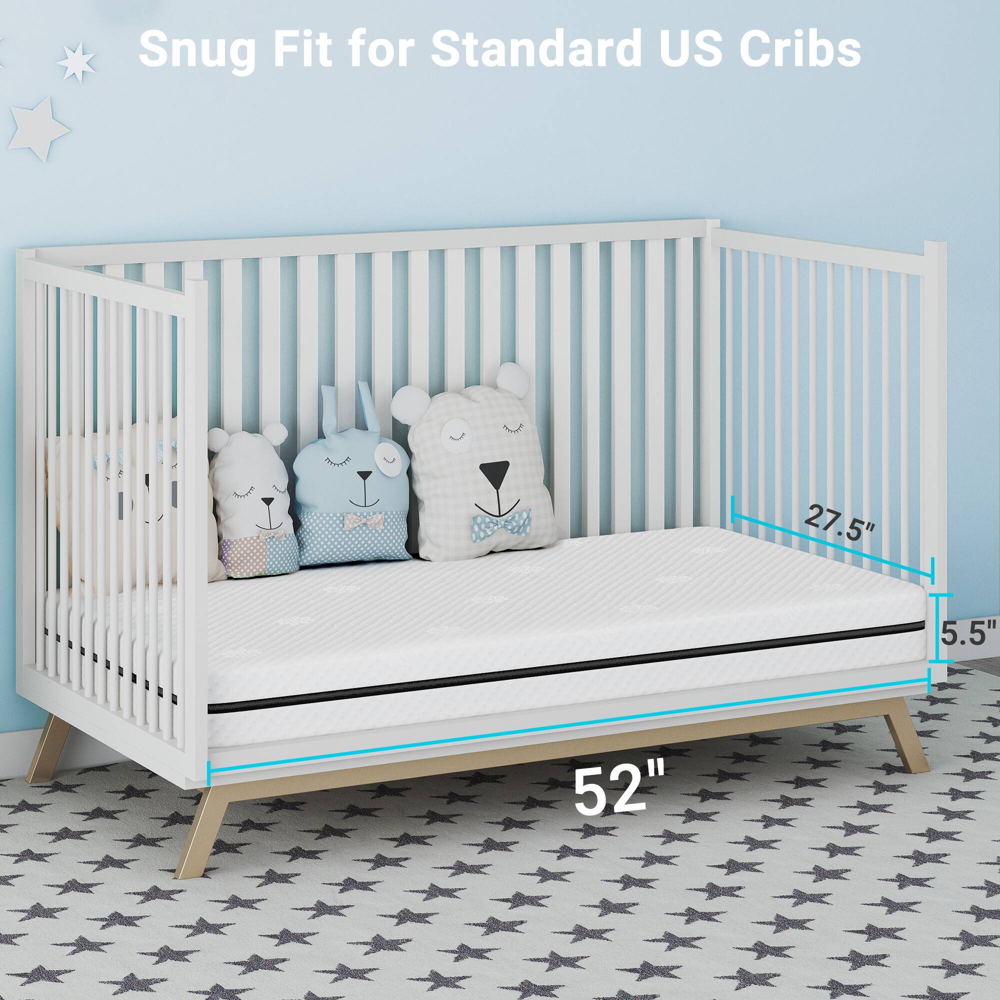 Snug Fit for Standard US Cribs

27.5"  
5.5"  
52"