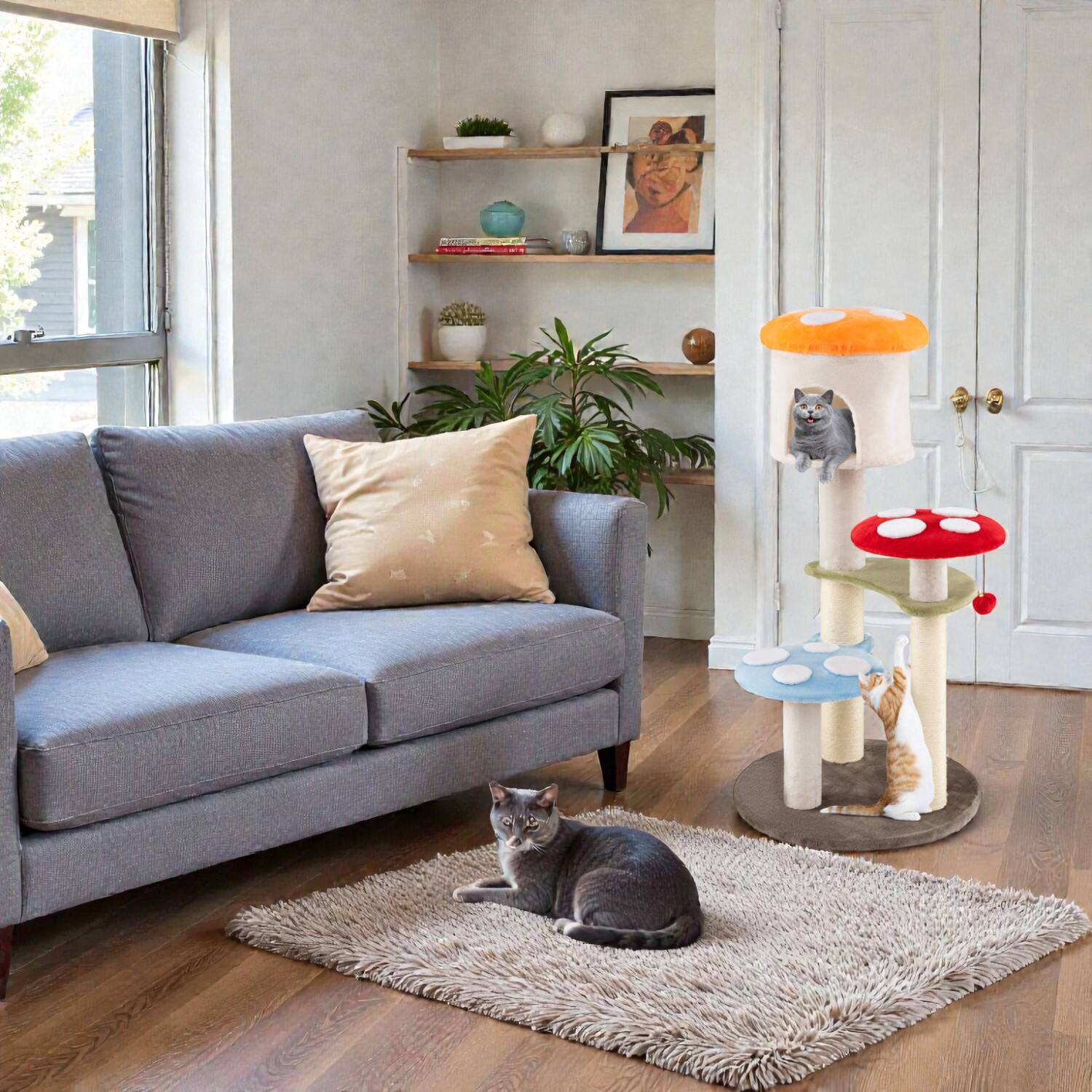 BreeBe - Mushroom-Themed Cat Tower with Sisal Scratch Posts, Elevated Condo, and Cushioned Platforms - Multicolor