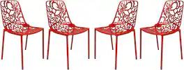 LeisureMod - Devon (Set of 4) Modern Floral Stackable Aluminum Chair - Weather Resistant Indoor/Outdoor Dining Chair - Red