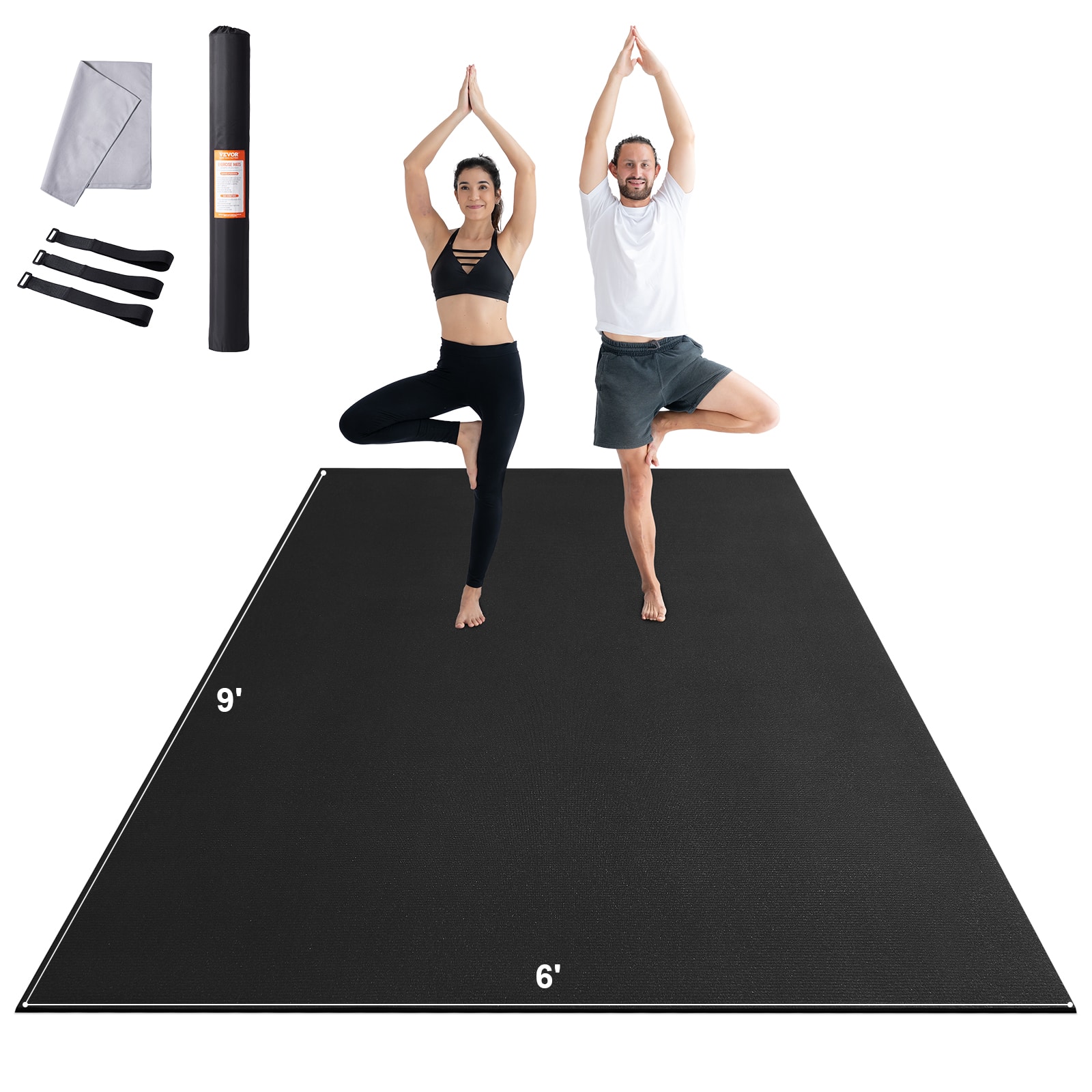 VEVOR - Exercise Mat, Non Slip High Density Premium Yoga Mat, Fitness & Exercise Mat with Bag & Carry Strap,(9x6ft) - Black