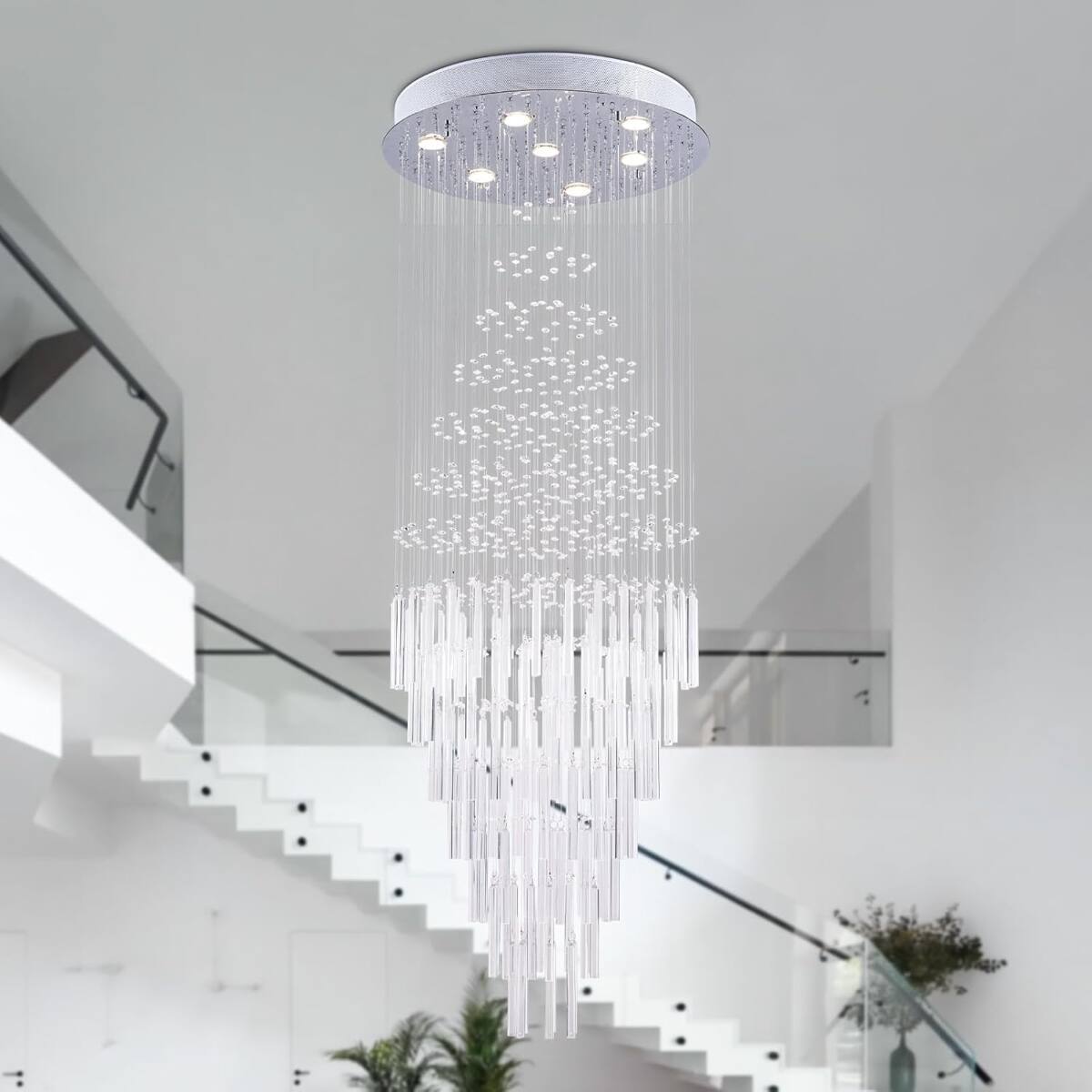 Left. Loheer - Loheer 64.5 Inch Crystal Raindrop Chandelier, 7 Light Modern Flush Mount Ceiling Fixture, Nickel.