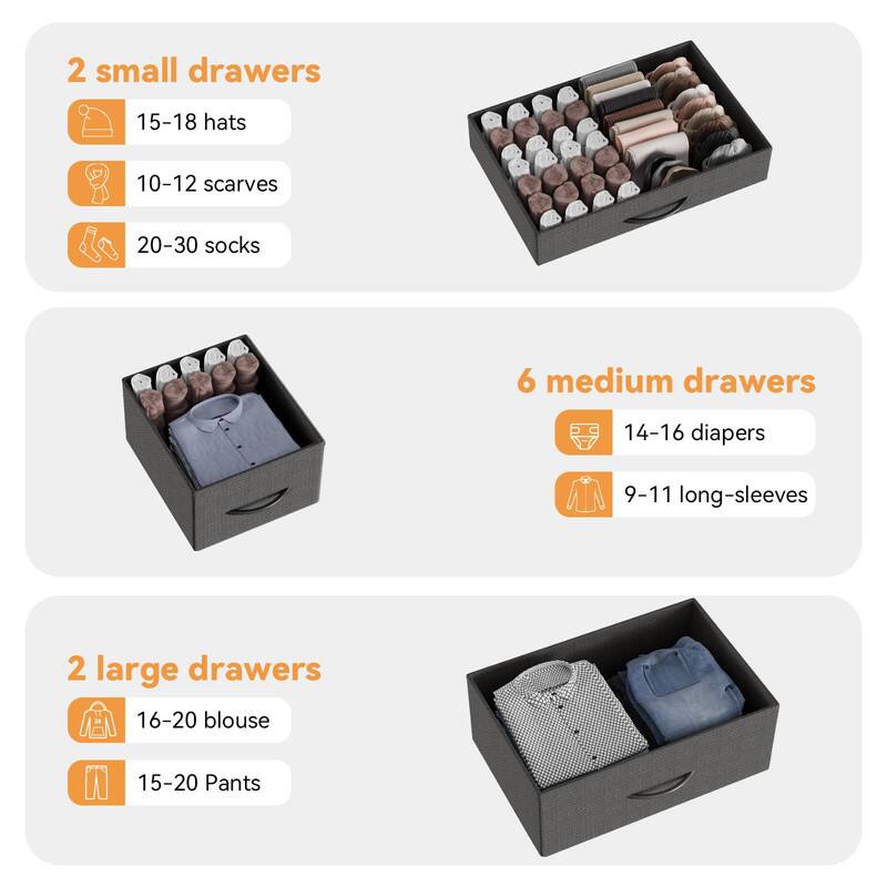 2 small drawers  
- 15-18 hats  
- 10-12 scarves  
- 20-30 socks  

6 medium drawers  
- 14-16 diapers  
- 9-11 long-sleeves  

2 large drawers  
- 16-20 blouse  
- 15-20 pants