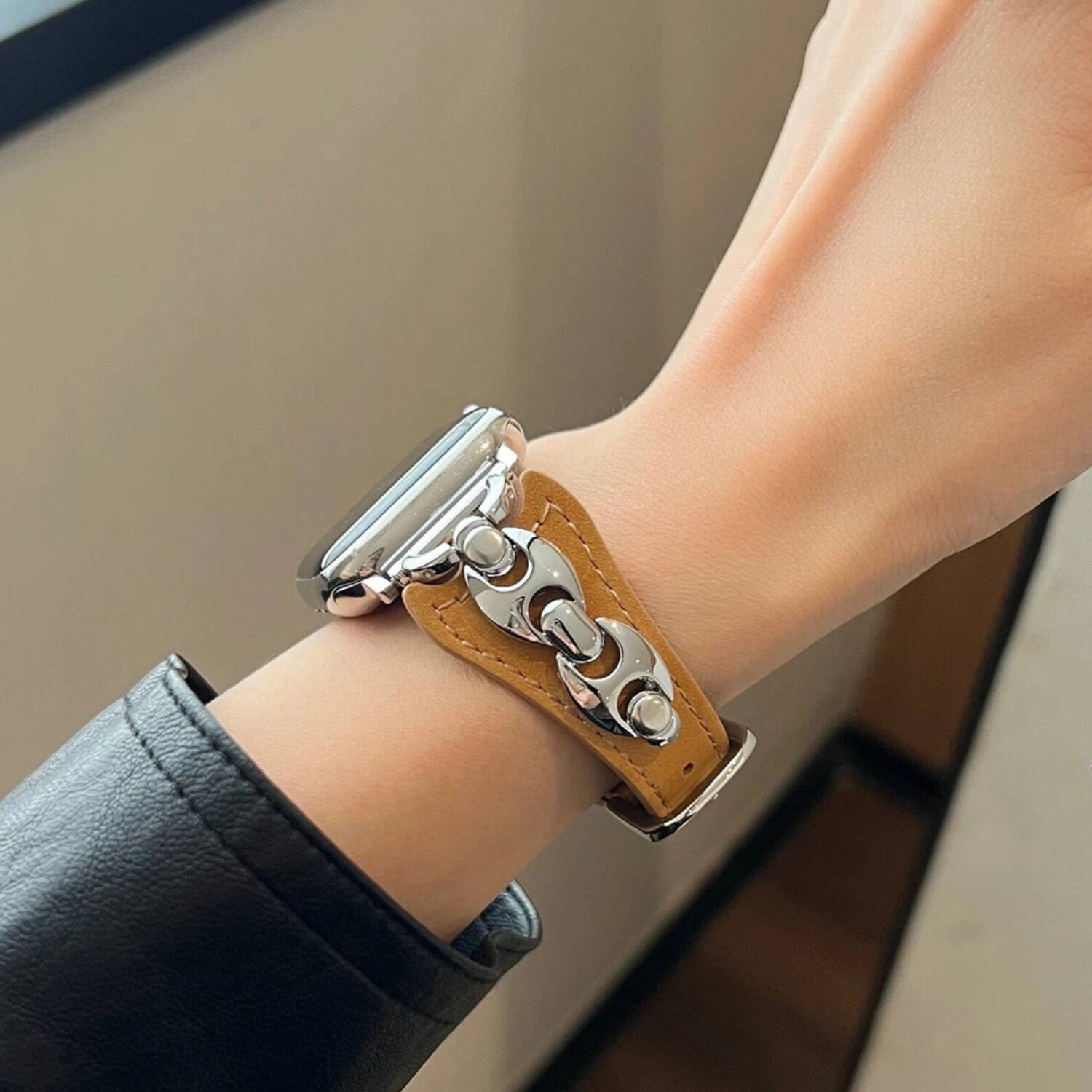 Back. Stock Preferred - Metal Soft Leather Strap for Apple Watch Series 10 (42mm) - Light Brown-Silver Clasp - Light Brown-Silver Clasp.