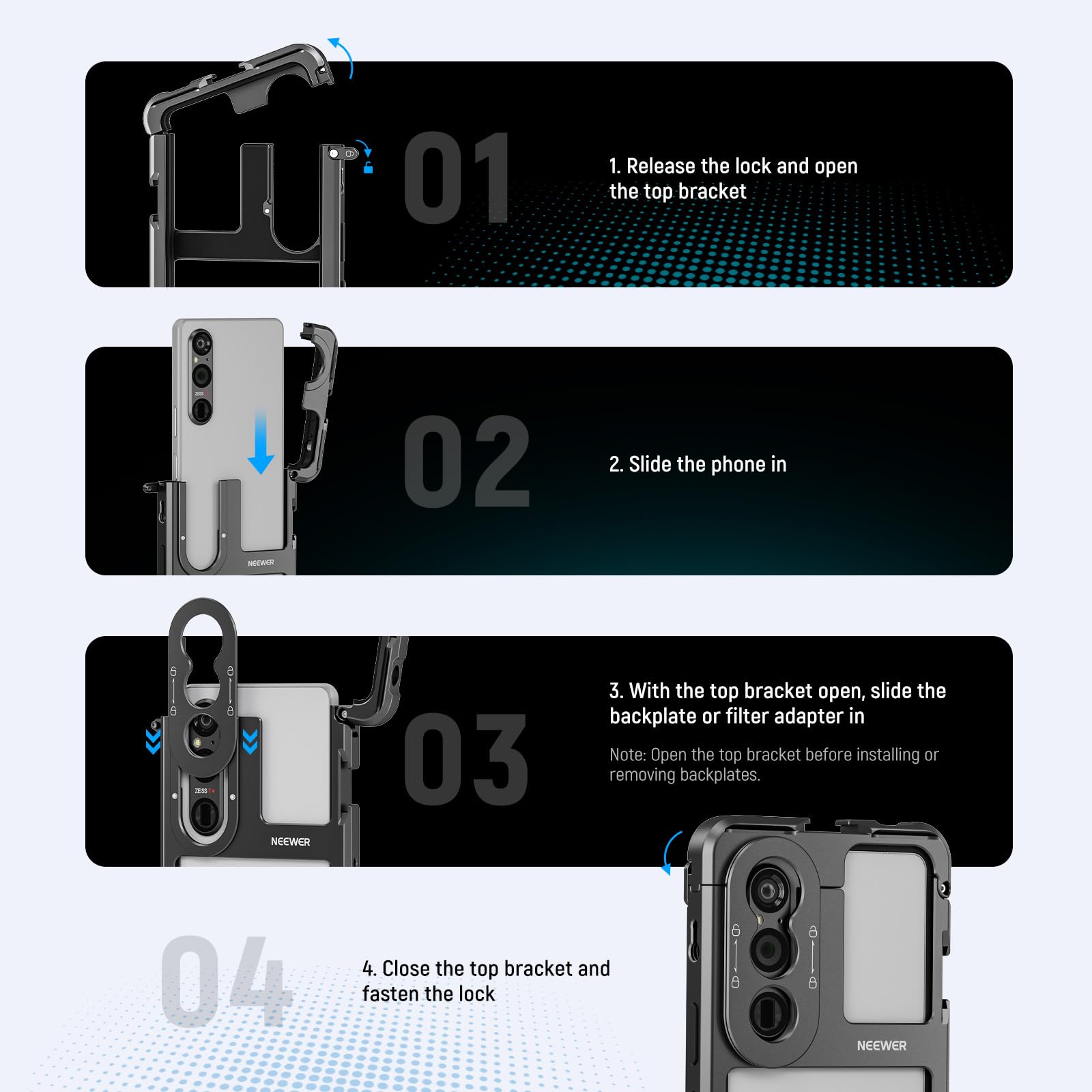 1. Release the lock and open the top bracket  
2. Slide the phone in  
3. With the top bracket open, slide the backplate or filter adapter in  
   Note: Open the top bracket before installing or removing backplates.  
4. Close the top bracket and fasten the lock