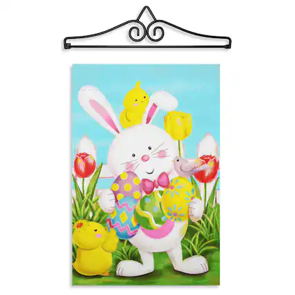 Front. G128 - Combo Pack Garden Flag Hanger 14in & Happy Easter Bunny with Easter Eggs 12x18in Double-Sided Garden Flag. - Multicolor.
