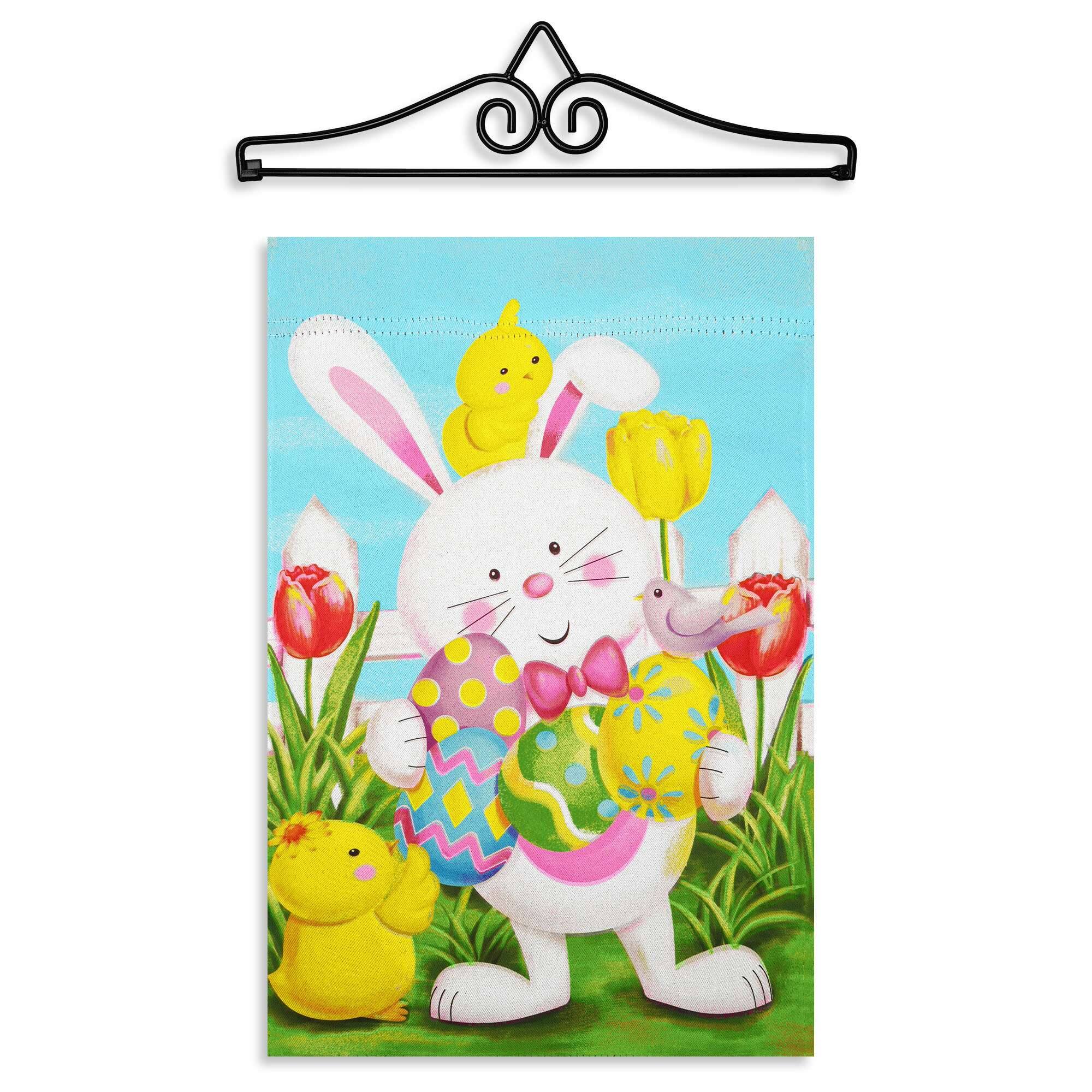 Front. G128 - Combo Pack Garden Flag Hanger 14in & Happy Easter Bunny with Easter Eggs 12x18in Double-Sided Garden Flag. - Multicolor.