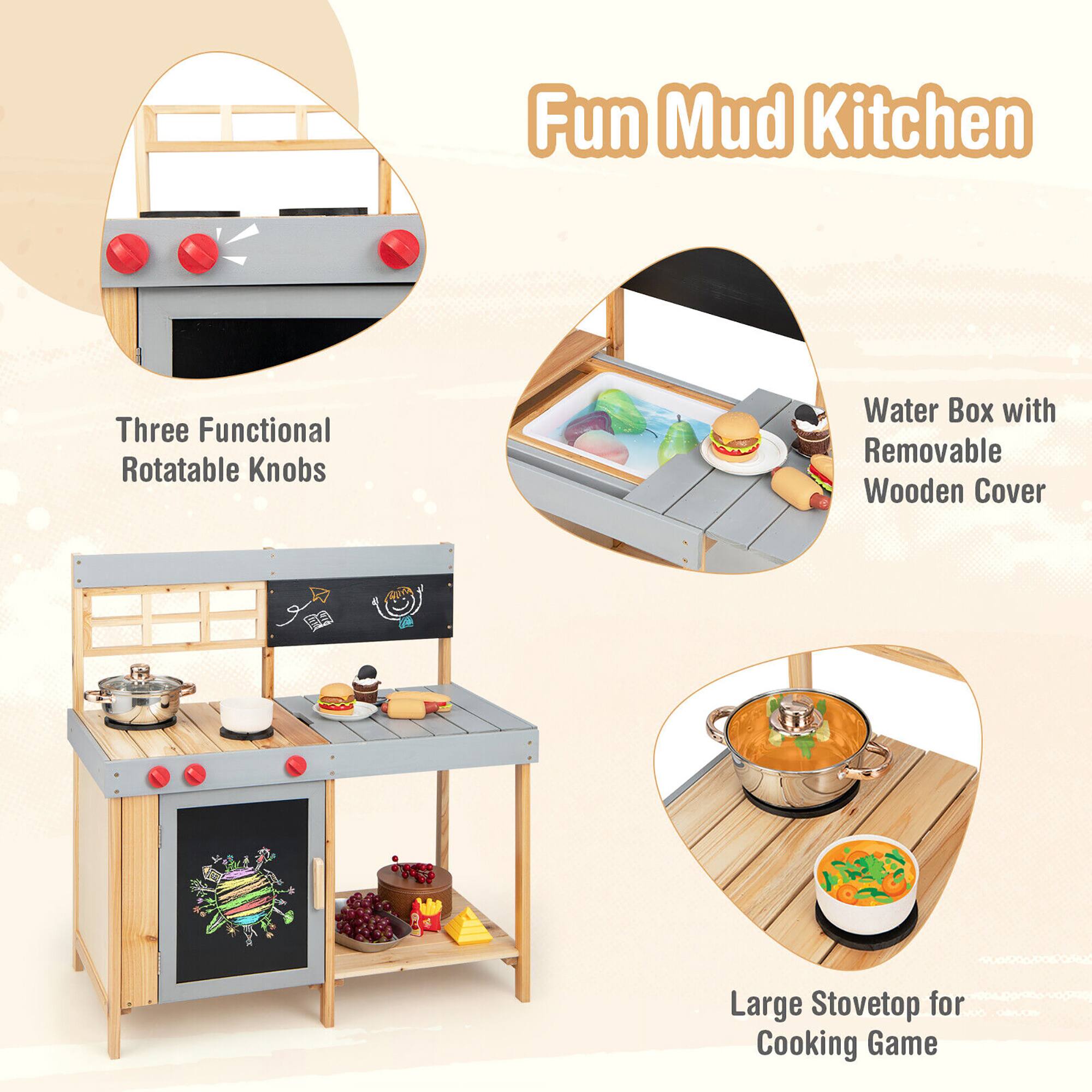 Fun Mud Kitchen

- Three Functional Rotatable Knobs
- Water Box with Removable Wooden Cover
- Large Stovetop for Cooking Game