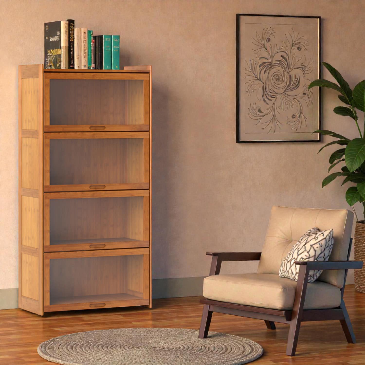Hivvago - Natural Bamboo 4-Tier Display Bookshelf with Enclosed Cabinet - Brown