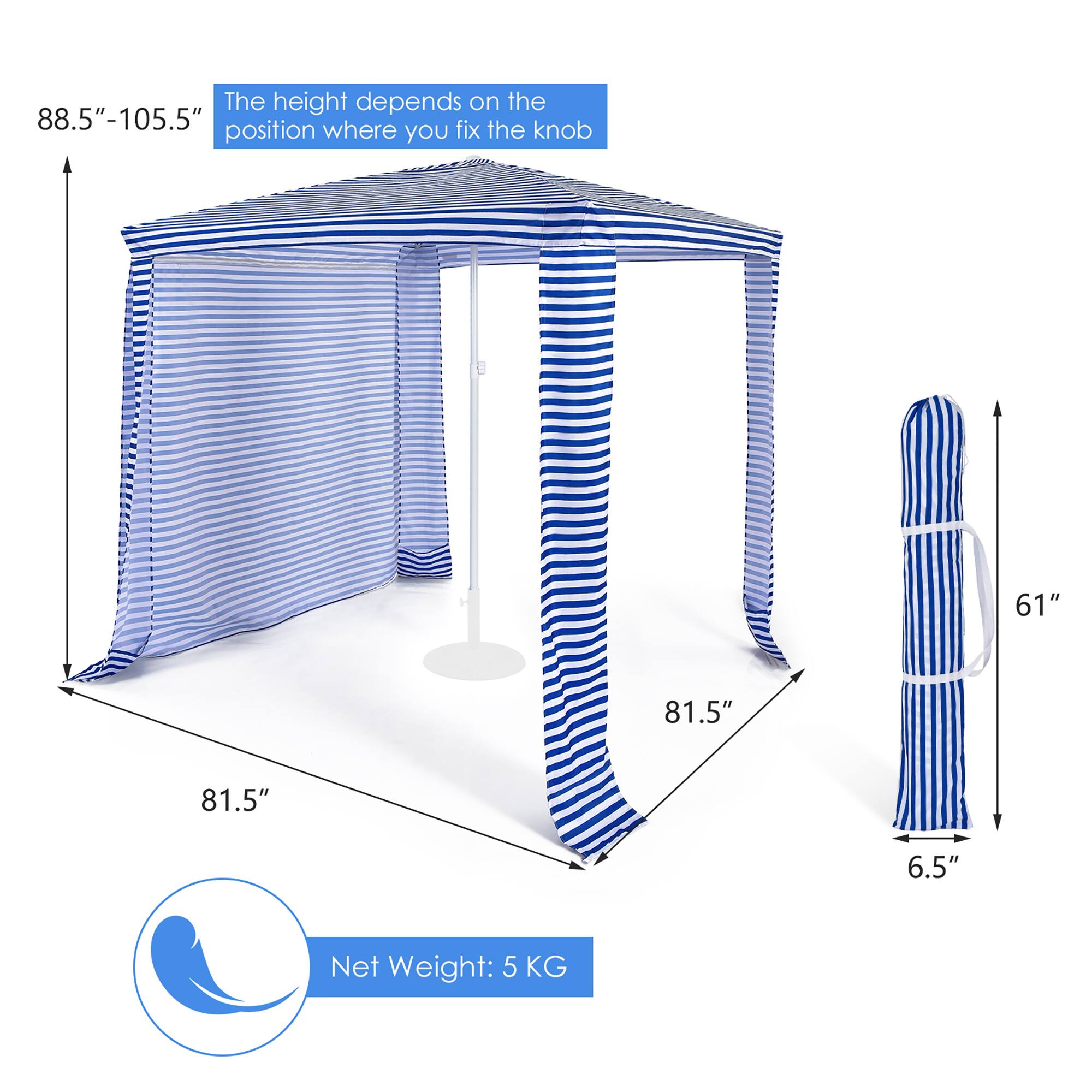 The height of the umbrella depends on the position of the knob, which can be fixed at 88.5"-105.5". The net weight of the umbrella is 5 kg.