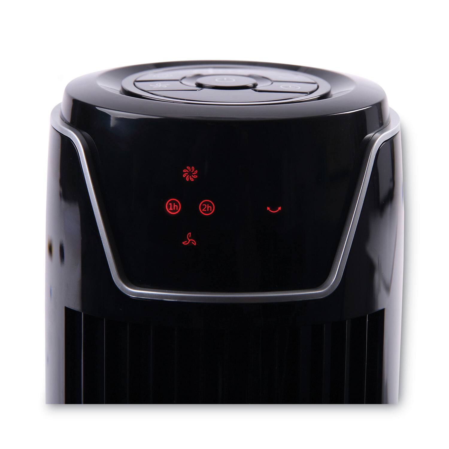 Back. Alera - 36" 3-Speed Oscillating Tower Fan With Remote Control, Plastic, Black.