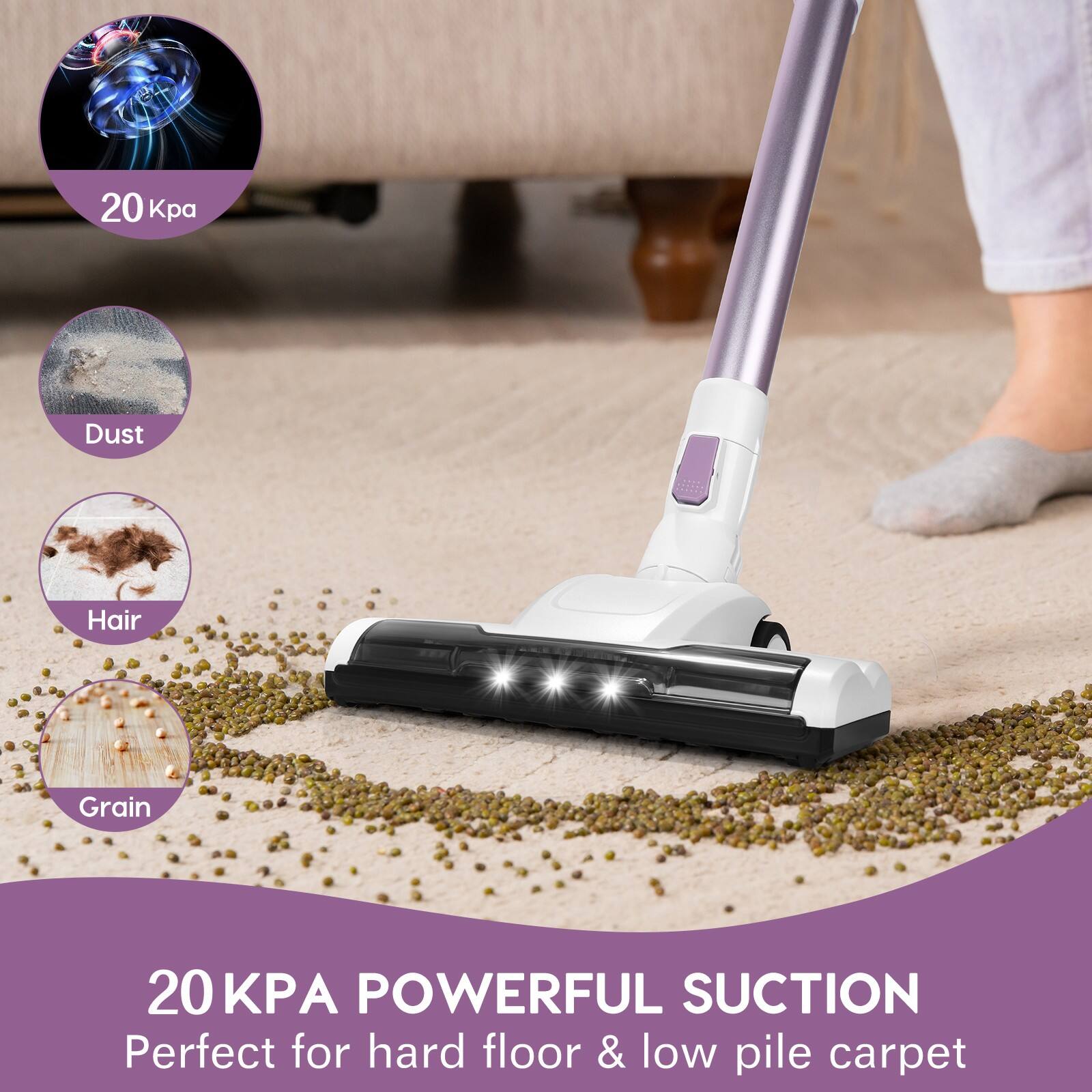 20 KPA POWERFUL SUCTION Perfect for hard floor & low pile carpet, Dust, Hair, Grain