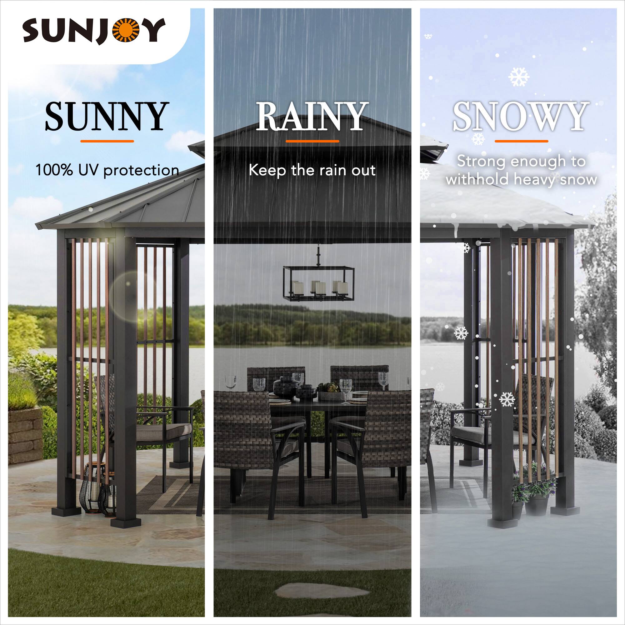 SUNJOY

SUNNY
100% UV protection

RAINY
Keep the rain out

SNOWY
Strong enough to withhold heavy snow