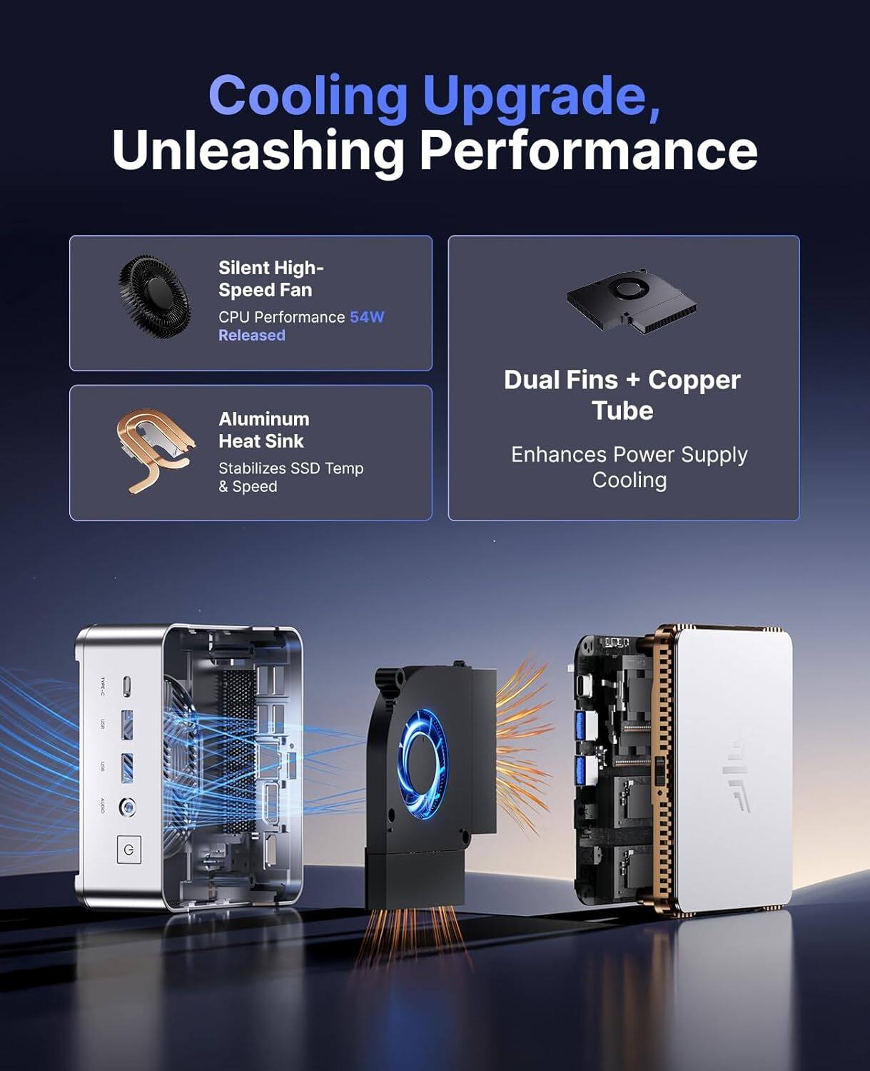 Cooling Upgrade, Unleashing Performance

- Silent High-Speed Fan
  - CPU Performance 54W Released

- Aluminum Heat Sink
  - Stabilizes SSD Temp & Speed

- Dual Fins + Copper Tube
  - Enhances Power Supply Cooling