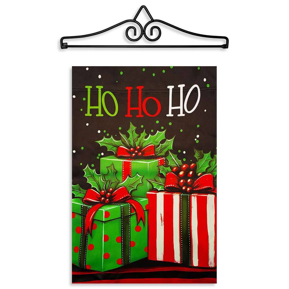 Front. G128 - G128 12x18IN Ho Ho Ho Christmas Gift Box Garden Flag with 14IN Hanger - Green, Red, Black, White.