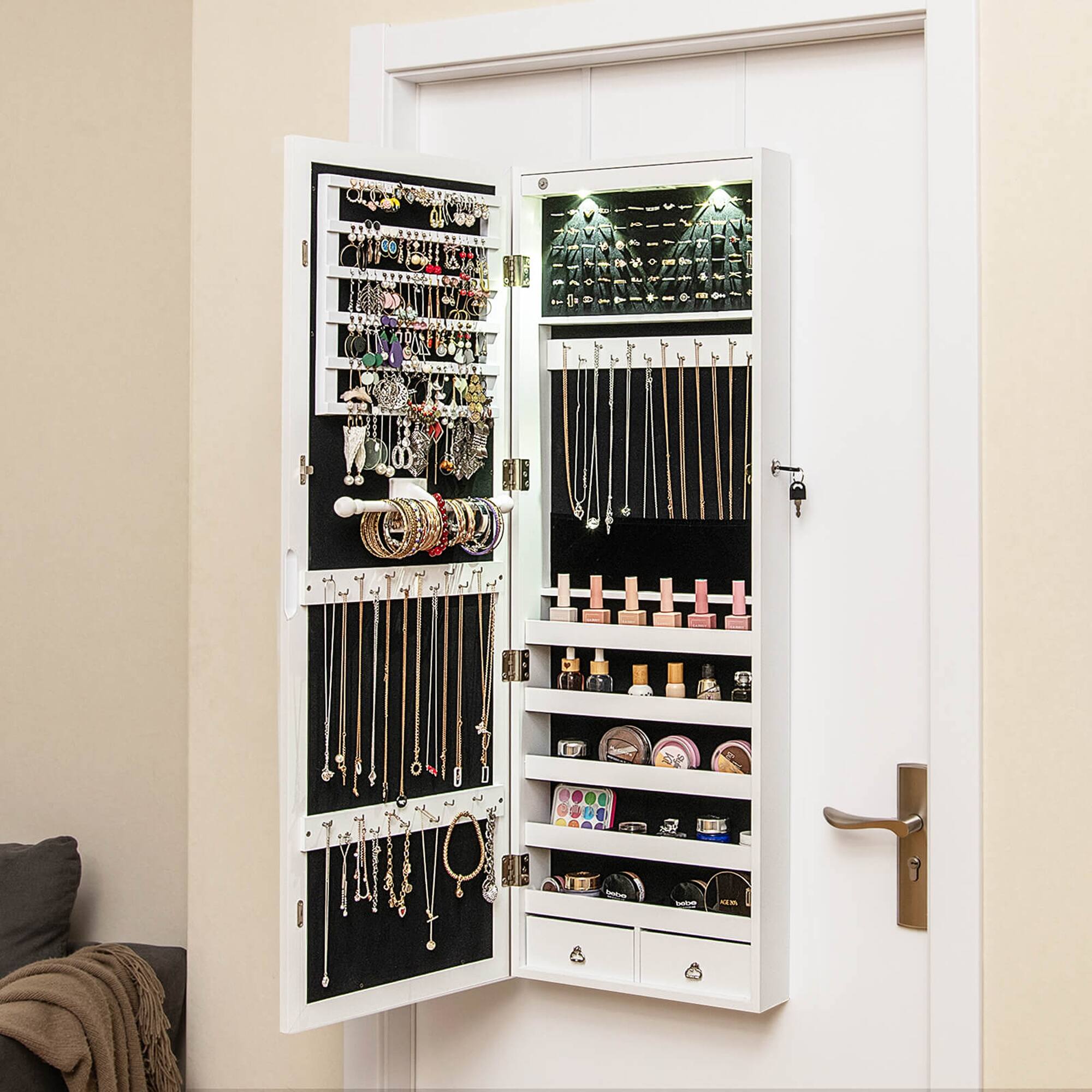 Alt View 11. Costway - Mirror Jewelry Cabinet with Full Length Clear Mirror & Internal LED Lights Hooks - White.